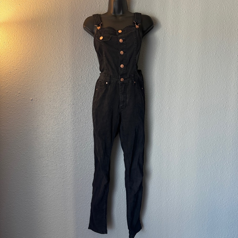 Iris Jeans Overalls juniors 3 black Stretch Denim Dark Wash Skinny Bibbed 29" M